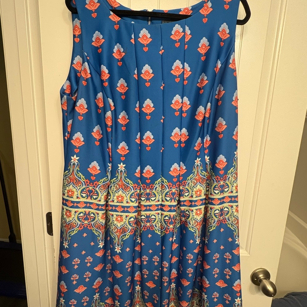 Gabby Skye Blue and Orange Patterned Midi Dress